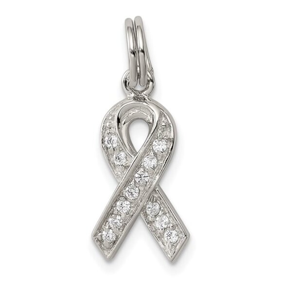 925 Sterling Silver CZ Cancer Awareness Ribbon Charm Necklace Pendant - Picture 1 of 4